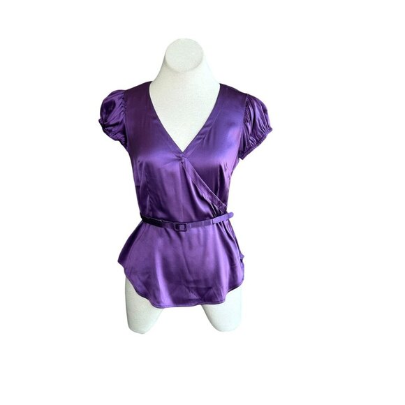 INC International Concepts Purple Stretch Silk Puffy Sleeve Faux Wrap Blouse - Picture 1 of 11